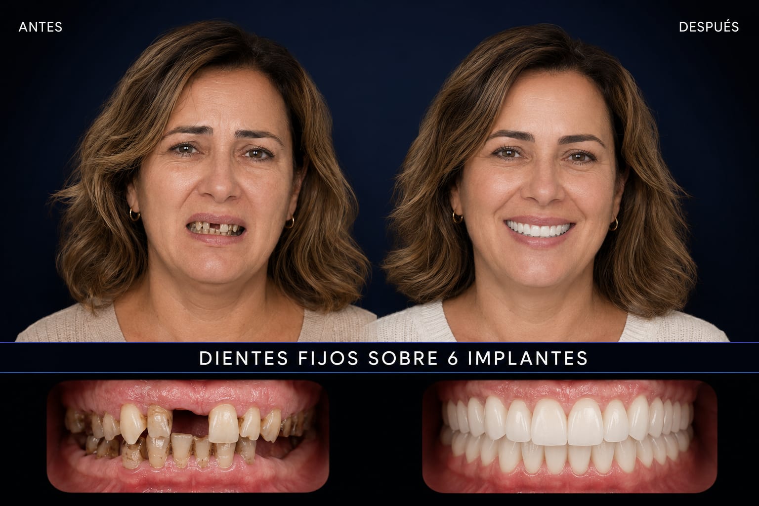 Antes y después — dientes fijos sobre 6 implantes